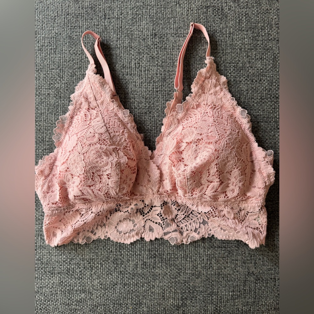 Aerie Pink Lace Padded Plunge Bralette with Adjustable Straps Large